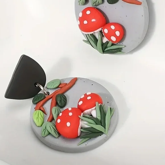 Handmade mushroom cottagecore dangle statement earrings - Picture 2 of 5